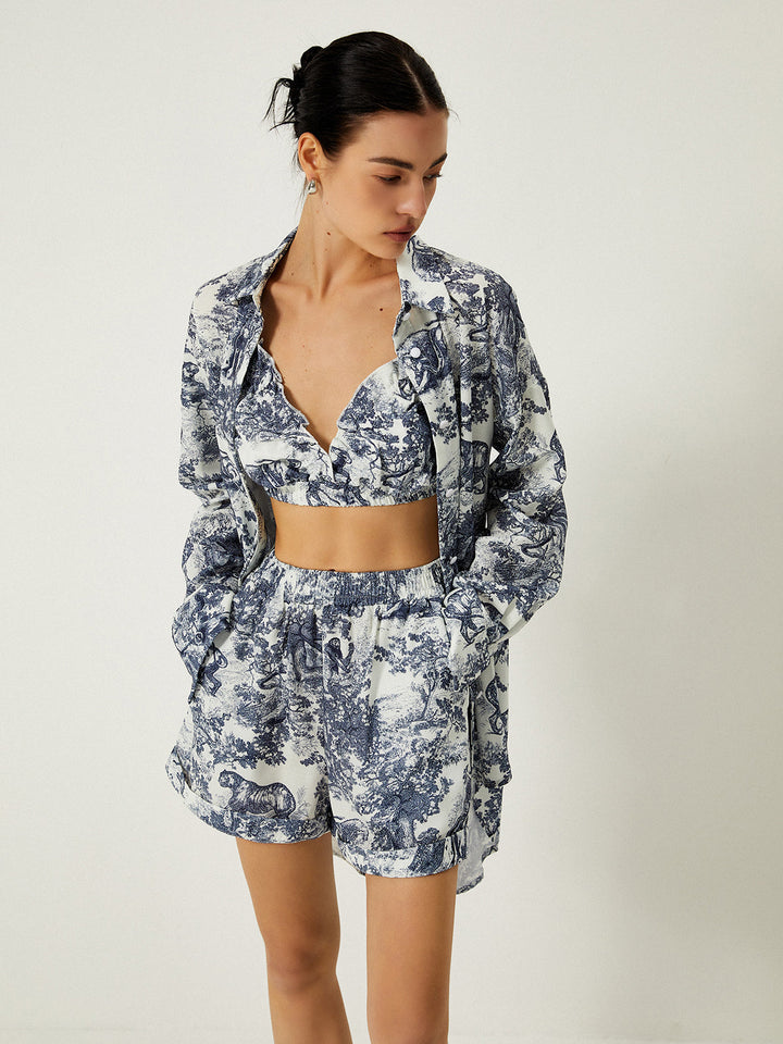 Women’s Three Piece Floral Print Shorts Set with Crop Top and Long Sleeve Shirt