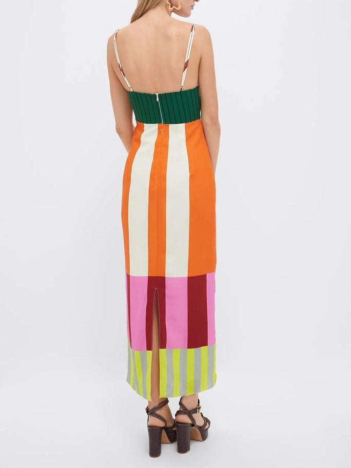 Women’s Strappy Colour Block Maxi Dress with Smocked Bodice and Back Split