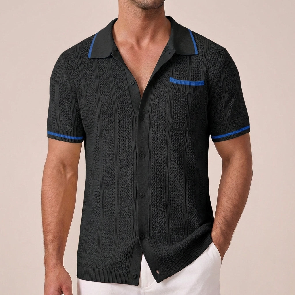 Men's Short-Sleeve Openwork Shirt - Casual Summer Camp Collar Button-Front Shirt with Contrast Tips