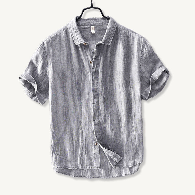 Men's Linen Short-Sleeve Shirt - Relaxed Collar and Curved Hem