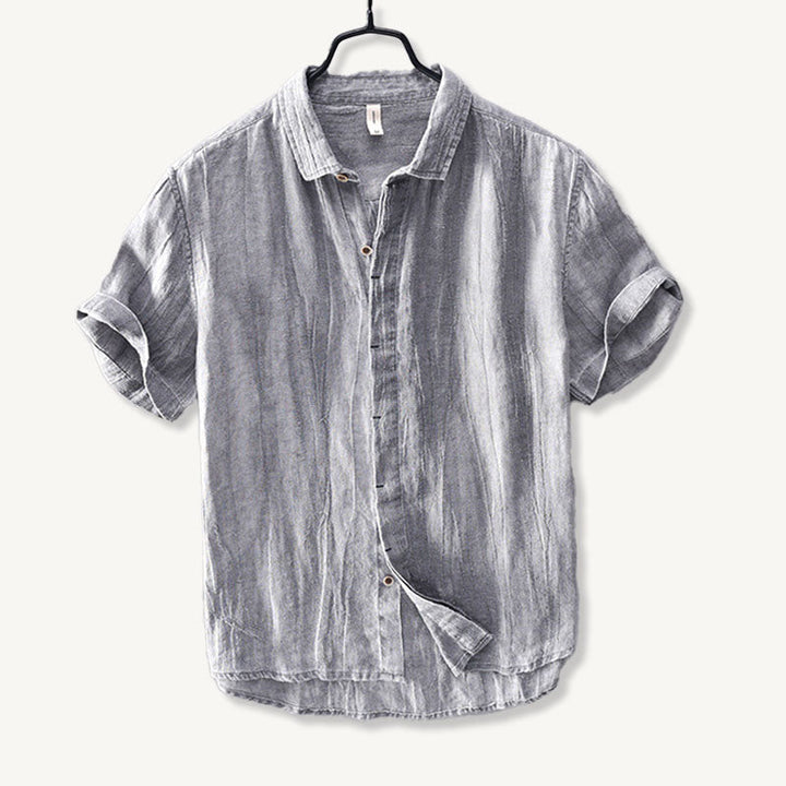 Men's Linen Short-Sleeve Shirt - Relaxed Collar and Curved Hem