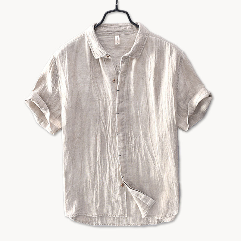 Men's Linen Short-Sleeve Shirt - Relaxed Collar and Curved Hem