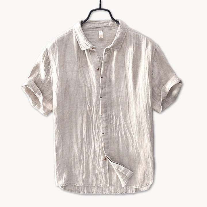Men's Linen Short-Sleeve Shirt - Relaxed Collar and Curved Hem