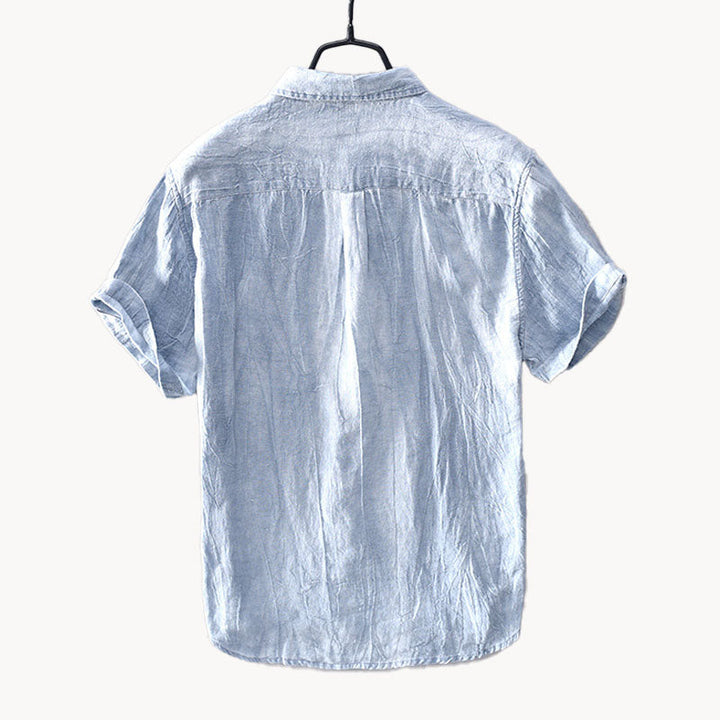 Men's Linen Short-Sleeve Shirt - Relaxed Collar and Curved Hem