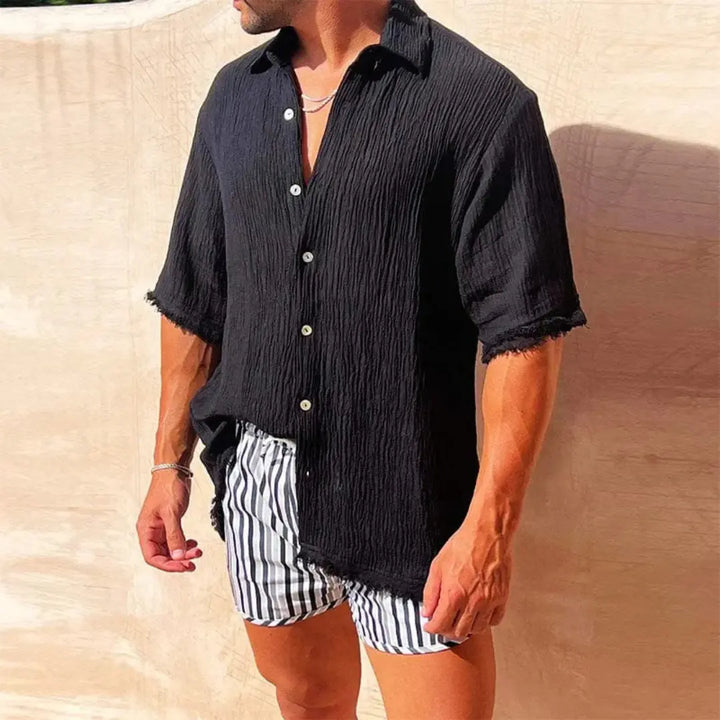 Men's Short Sleeve Shirt - Textured Crinkle Fabric - Button Front - Frayed Edges