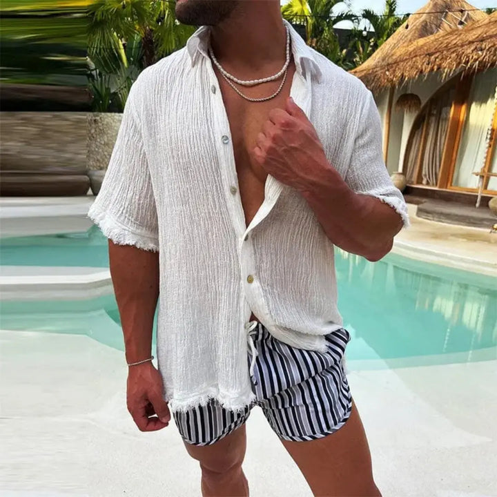 Men's Short Sleeve Shirt - Textured Crinkle Fabric - Button Front - Frayed Edges