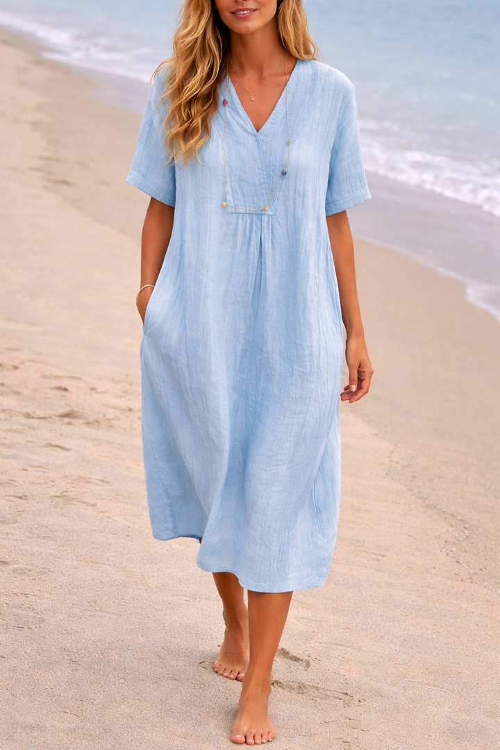 Women's Linen Midi Dress - V Neck - Short Sleeve - Side Pockets