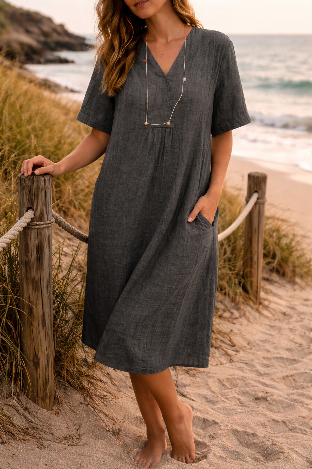 Women's Linen Midi Dress - V Neck - Short Sleeve - Side Pockets