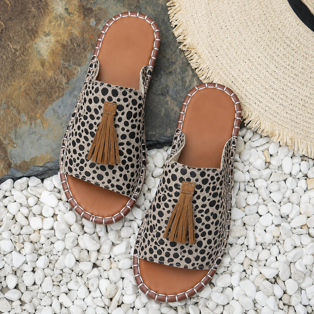 Women’s Leopard Print Slide Sandals – Flat Open Toe Summer Vacation Beach Sandals