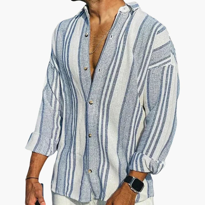 Men’s Vertical Stripe Button Down Shirt with Long Sleeves and Relaxed Fit