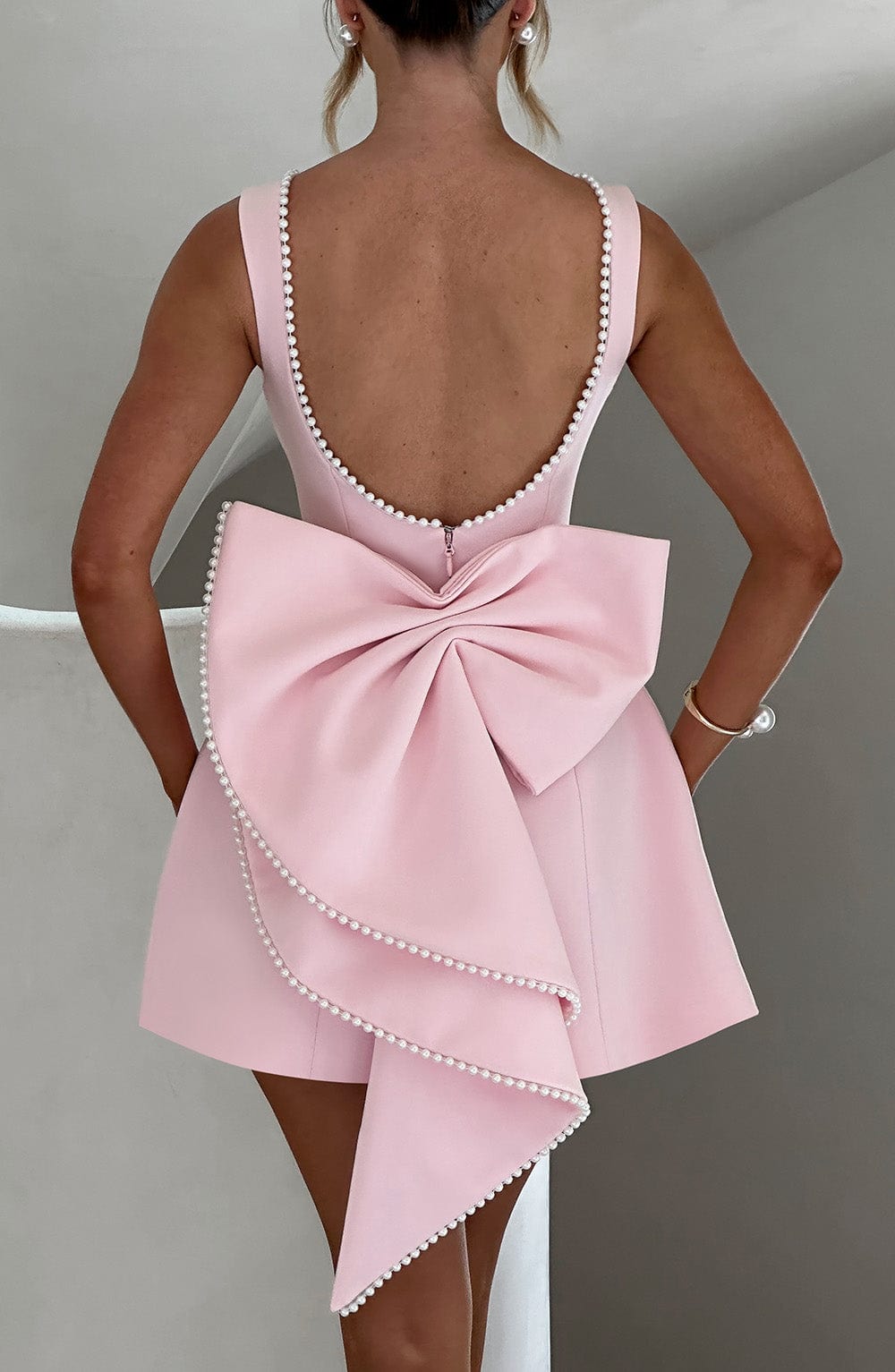 Pink Mini Dress With Pearl Neckline And Back Bow