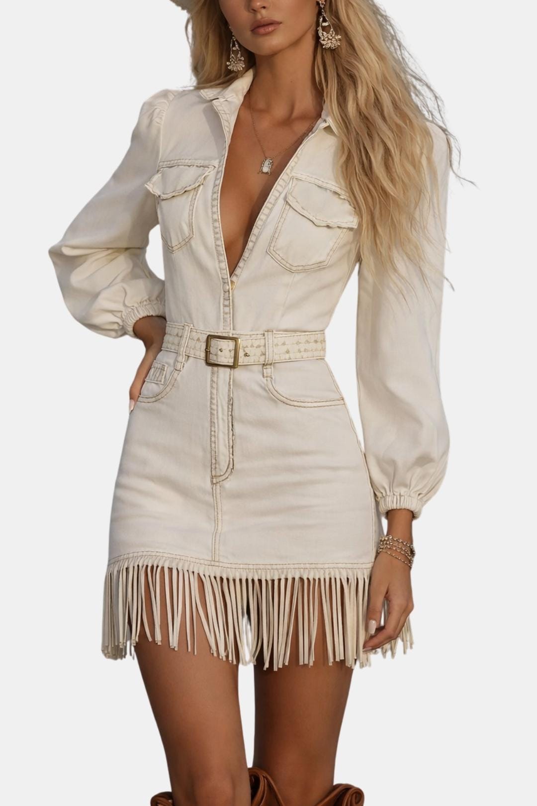 Damaris Western Denim Mini Dress – Fringe Detail