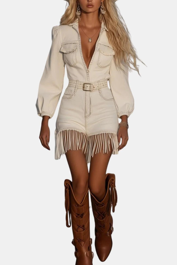 Damaris Western Denim Mini Dress – Fringe Detail