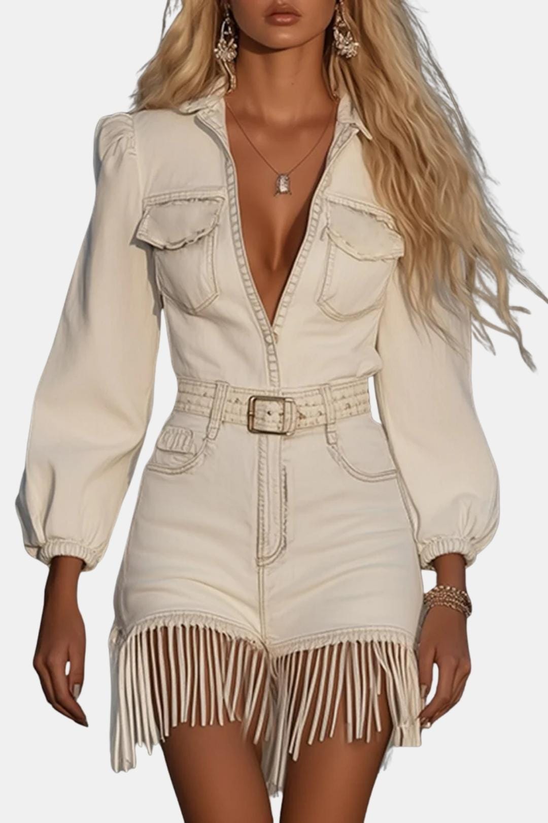 Damaris Western Denim Mini Dress – Fringe Detail