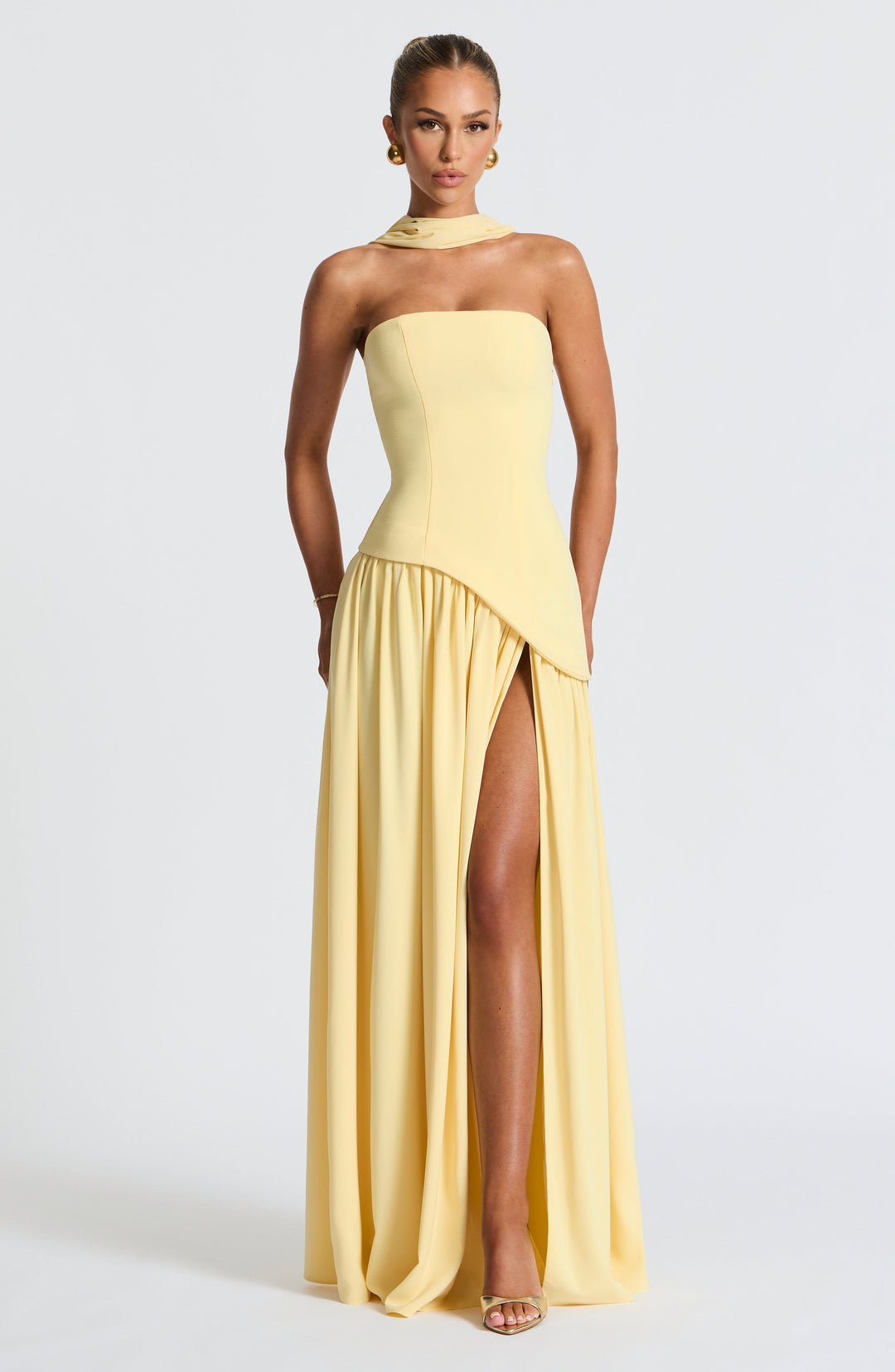 Women's Strapless Asymmetric Waist Maxi Dress - High Slit Front