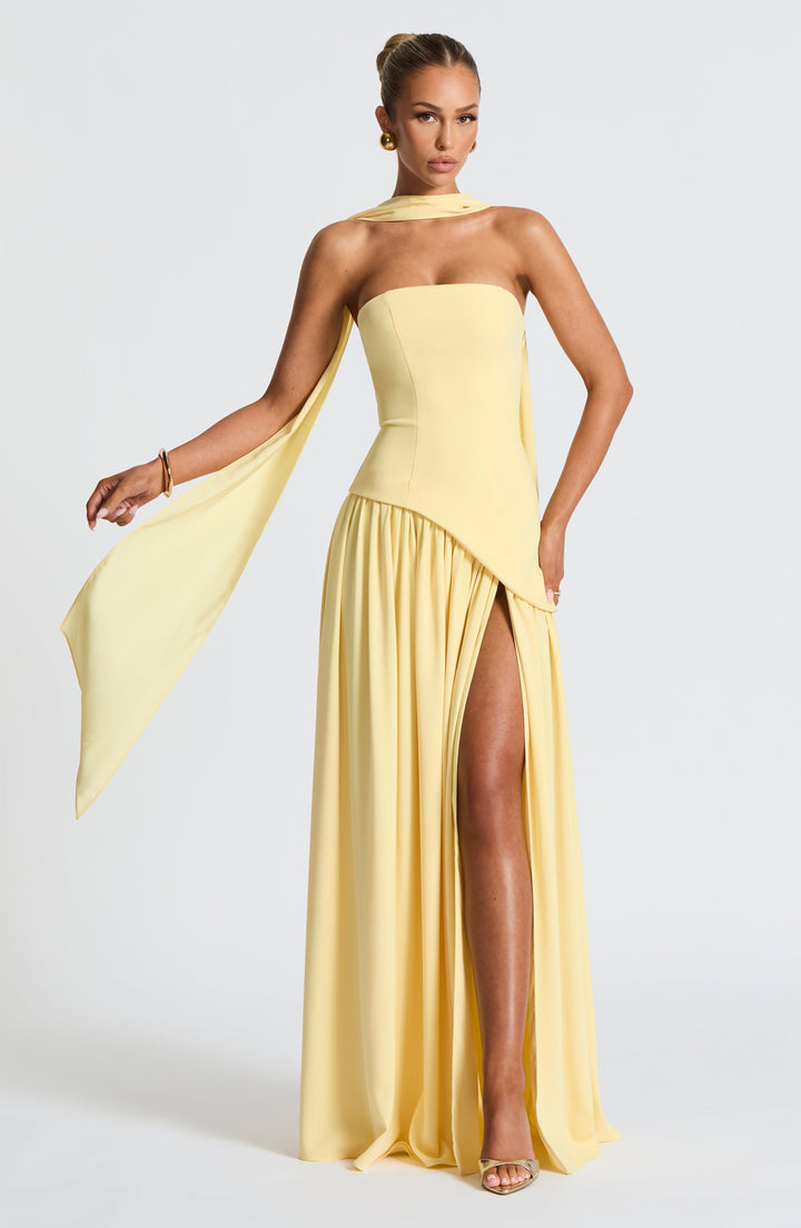 Women's Strapless Asymmetric Waist Maxi Dress - High Slit Front
