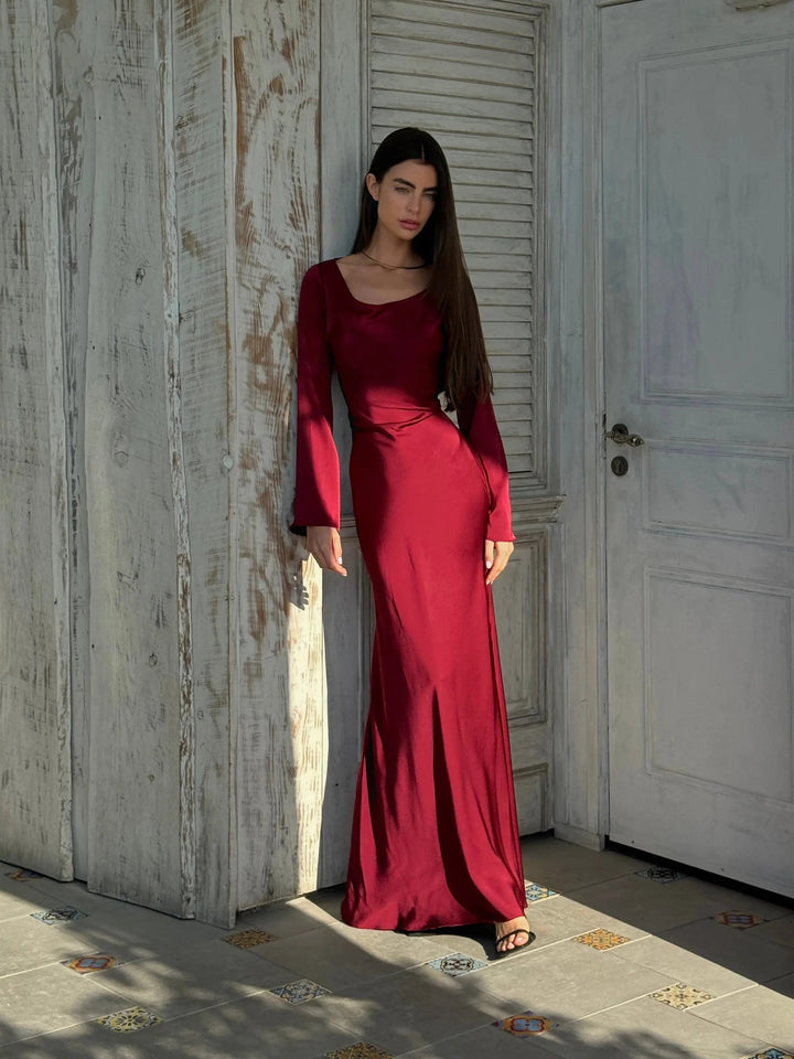 Ivory Satin Long Sleeve Wedding Guest Maxi Dress