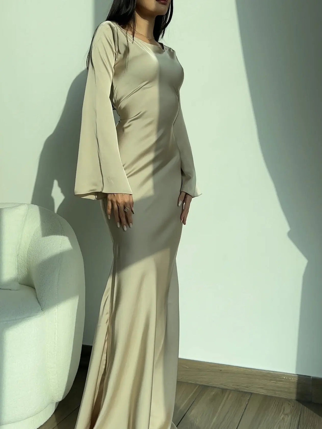 Ivory Satin Long Sleeve Wedding Guest Maxi Dress