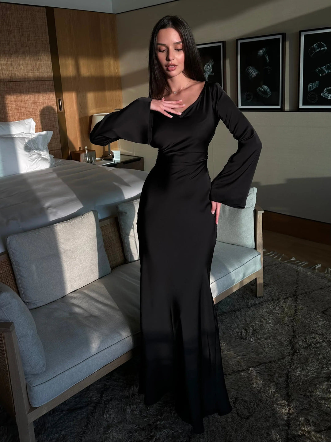 Ivory Satin Long Sleeve Wedding Guest Maxi Dress