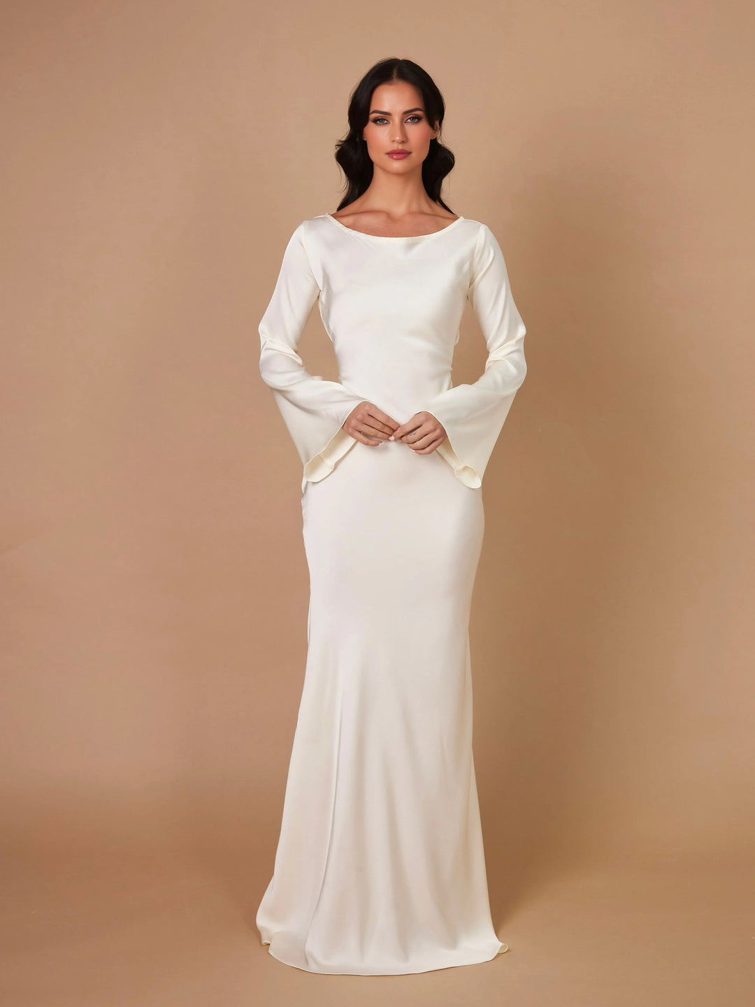 Ivory Satin Long Sleeve Wedding Guest Maxi Dress