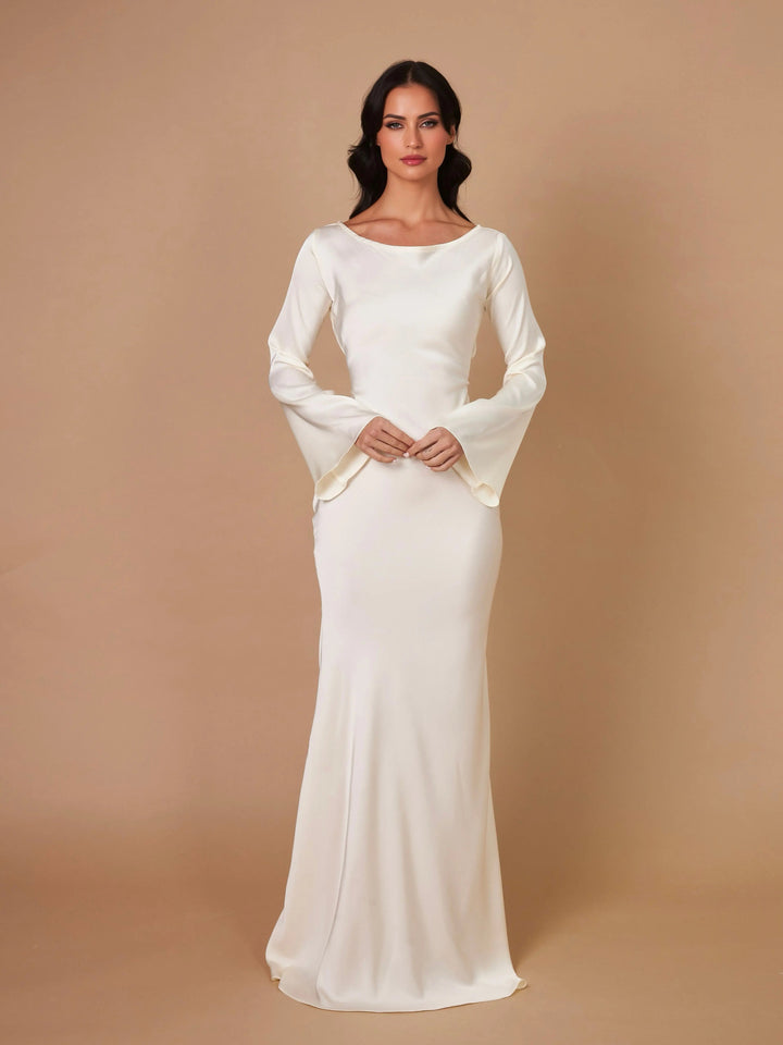 Ivory Satin Long Sleeve Wedding Guest Maxi Dress