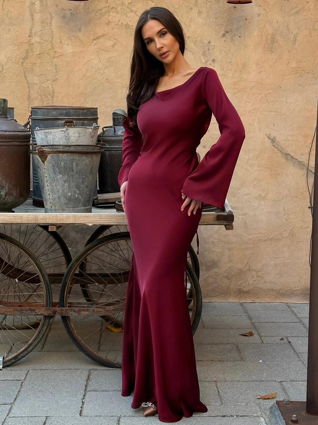 Ivory Satin Long Sleeve Wedding Guest Maxi Dress