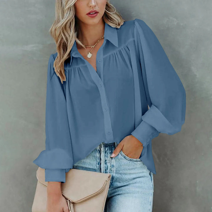 Women's Elegant Button-Up Blouse with Soft Gathered Front and Voluminous Long Sleeves