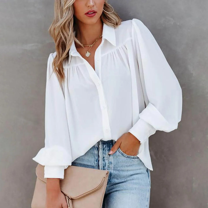 Women's Elegant Button-Up Blouse with Soft Gathered Front and Voluminous Long Sleeves