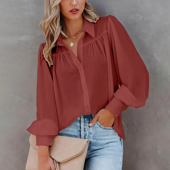 Women's Elegant Button-Up Blouse with Soft Gathered Front and Voluminous Long Sleeves