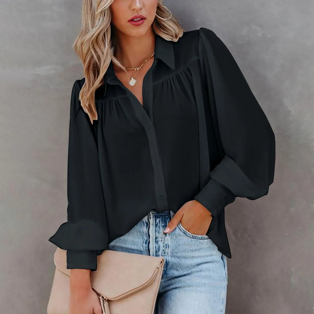 Women's Elegant Button-Up Blouse with Soft Gathered Front and Voluminous Long Sleeves