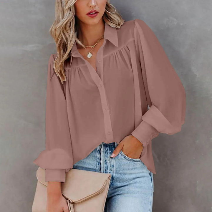 Women's Elegant Button-Up Blouse with Soft Gathered Front and Voluminous Long Sleeves