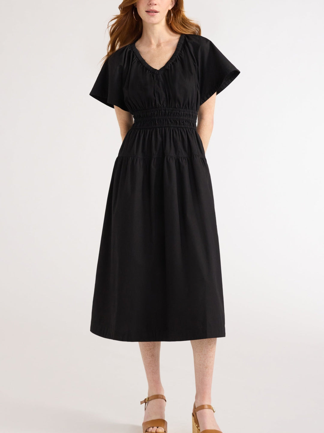 Denim Tiered Midi Dress with Pockets – Casual