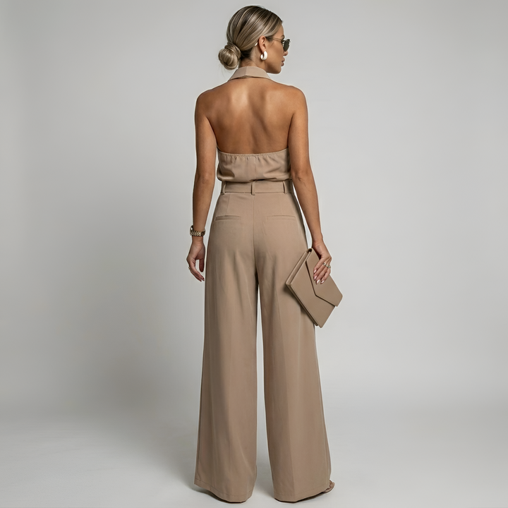 Women's Wide Leg Jumpsuit - Halter Neck - Collared Twist Front - Belted Waist - Dressy Jumpsuit