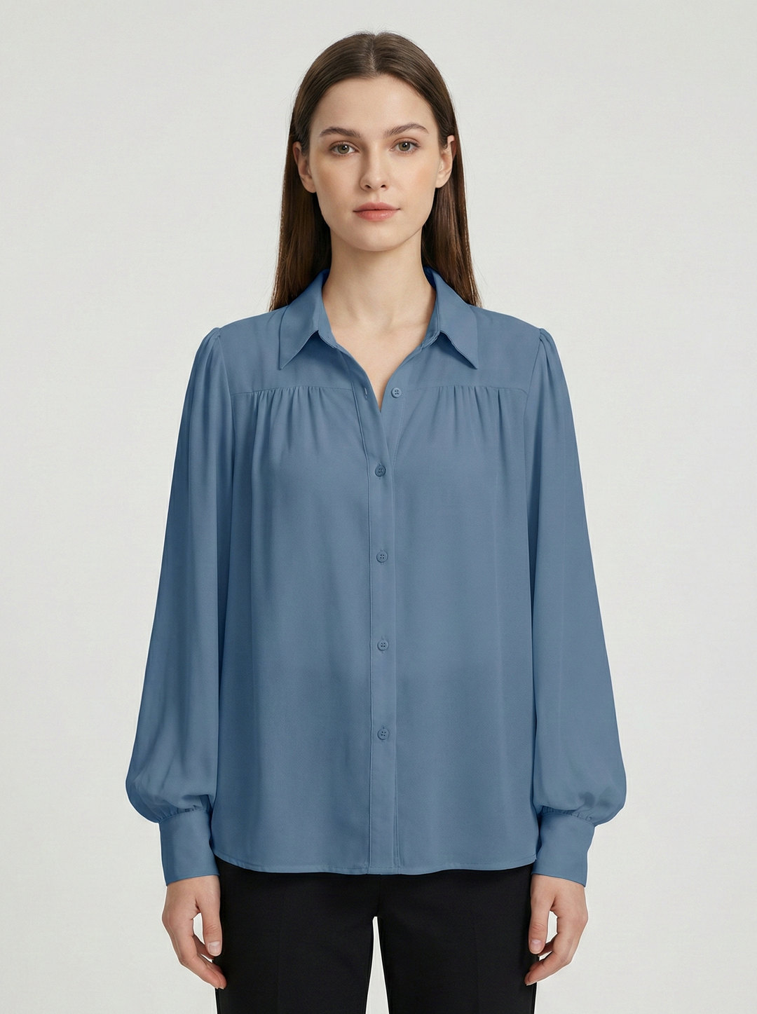 Women's Elegant Button-Up Blouse with Soft Gathered Front and Voluminous Long Sleeves