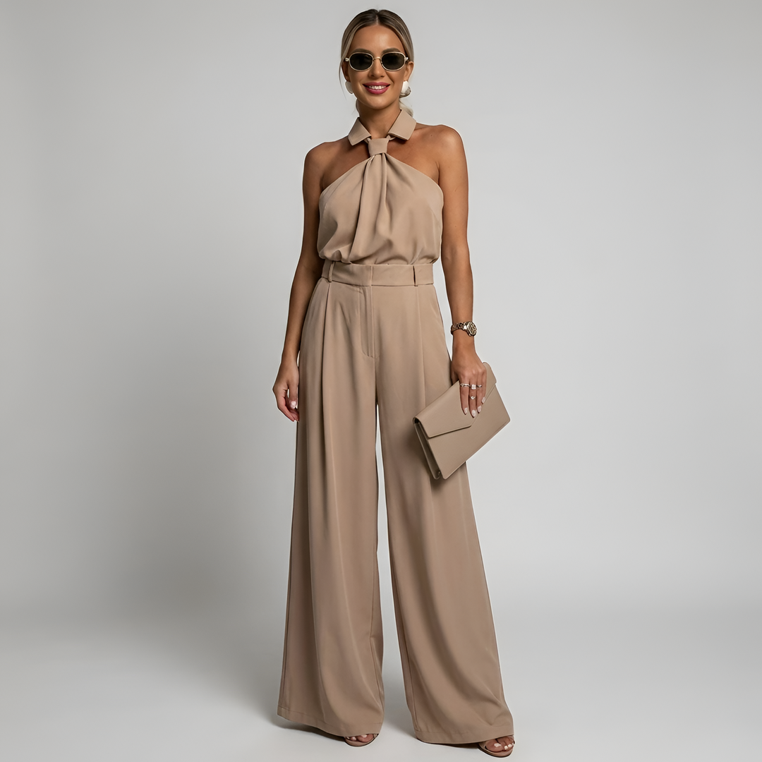 Women's Wide Leg Jumpsuit - Halter Neck - Collared Twist Front - Belted Waist - Dressy Jumpsuit