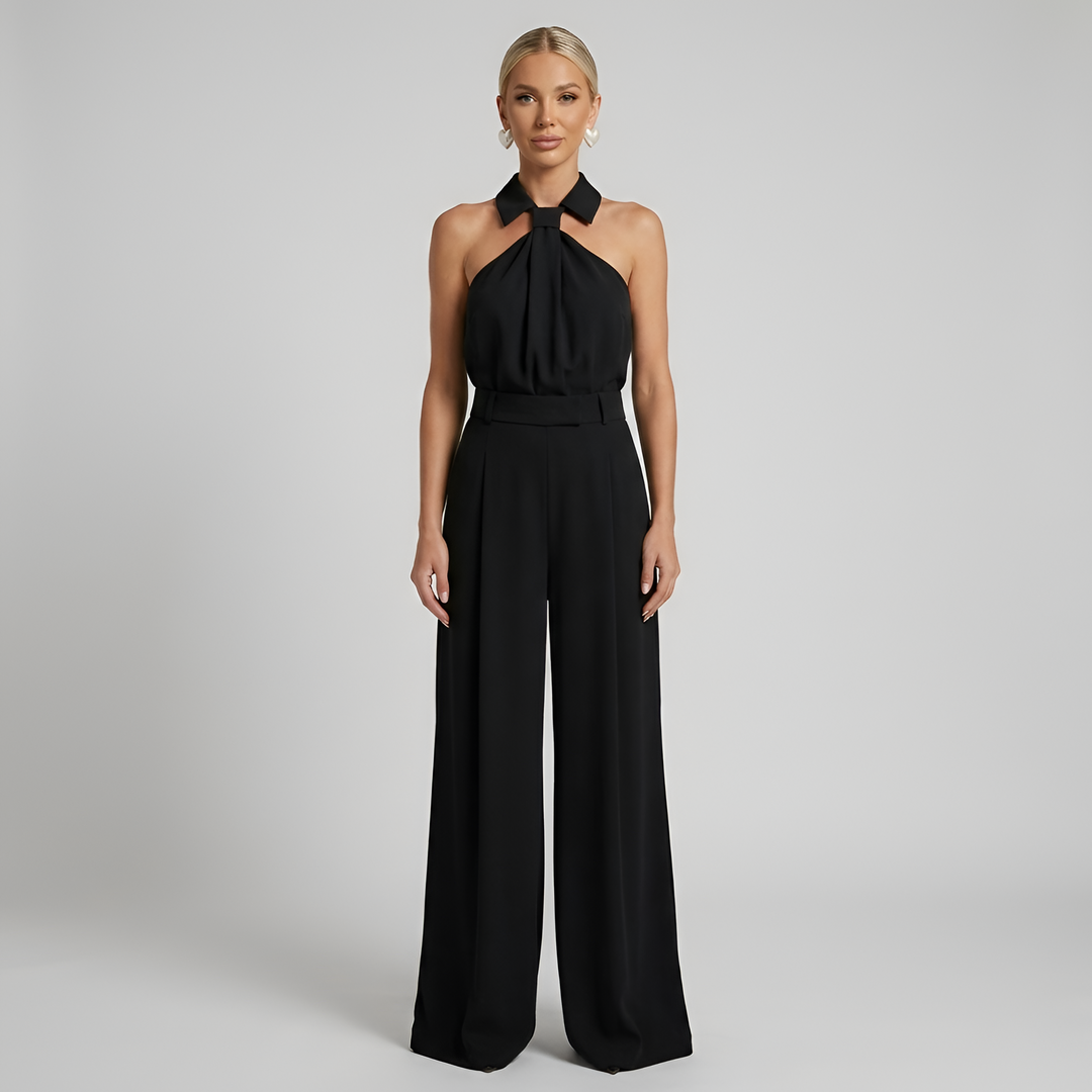 Women's Wide Leg Jumpsuit - Halter Neck - Collared Twist Front - Belted Waist - Dressy Jumpsuit