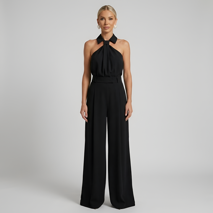 Women's Wide Leg Jumpsuit - Halter Neck - Collared Twist Front - Belted Waist - Dressy Jumpsuit
