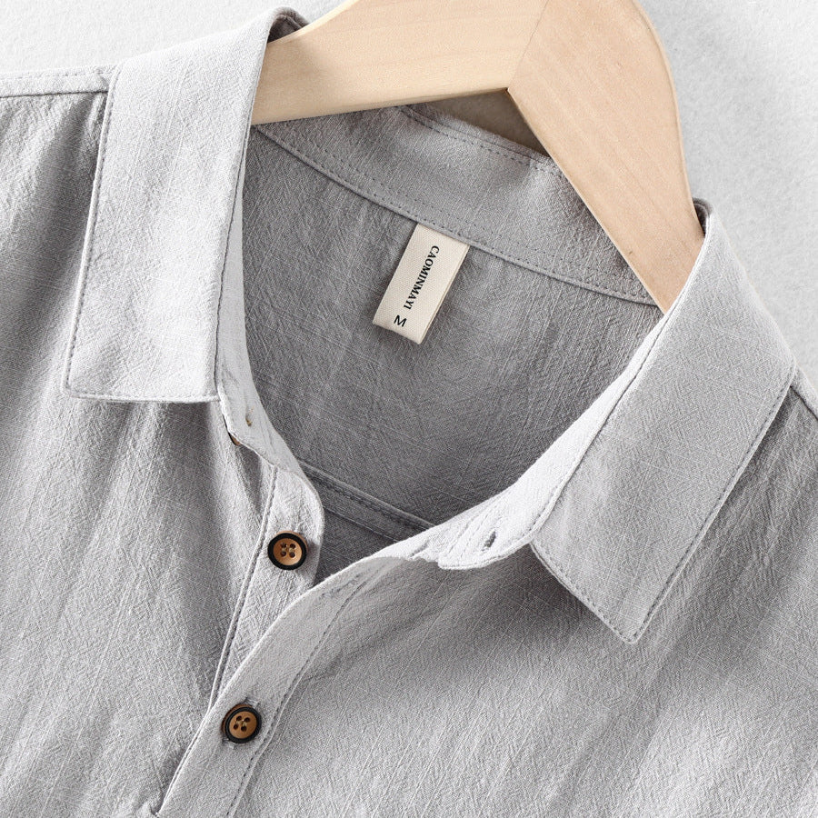 Men's Short-Sleeve Linen Blend Pull-On Shirt - Casual Summer Point Collar Two-Button Top