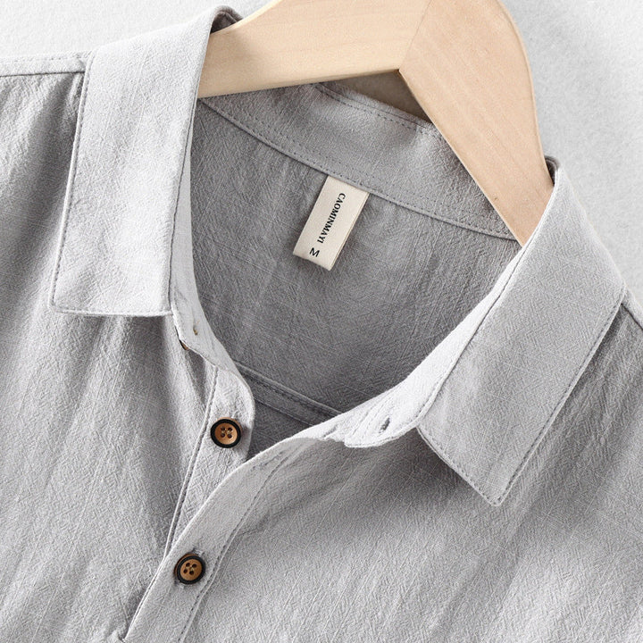 Men's Short-Sleeve Linen Blend Pull-On Shirt - Casual Summer Point Collar Two-Button Top