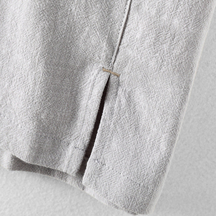 Men's Short-Sleeve Linen Blend Pull-On Shirt - Casual Summer Point Collar Two-Button Top