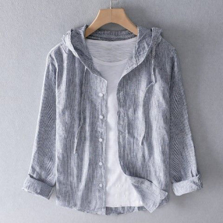 Men's Long-Sleeve Linen Blend Hooded Shirt - Casual Button-Front Shirt with Drawstring Hood and Curved Hem