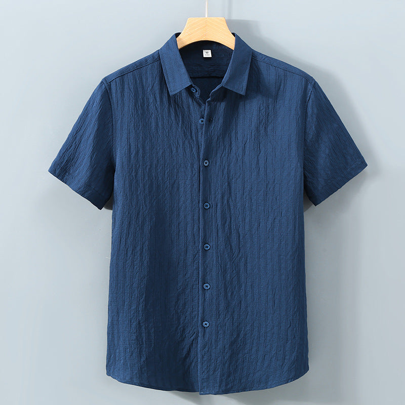 Men's Short Sleeve Button-Up Shirt - Textured Stripe - Point Collar - Casual Summer