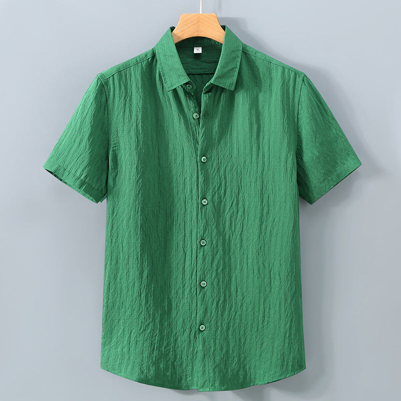 Men's Short Sleeve Button-Up Shirt - Textured Stripe - Point Collar - Casual Summer