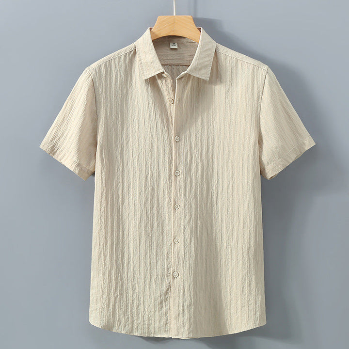 Men's Short Sleeve Button-Up Shirt - Textured Stripe - Point Collar - Casual Summer