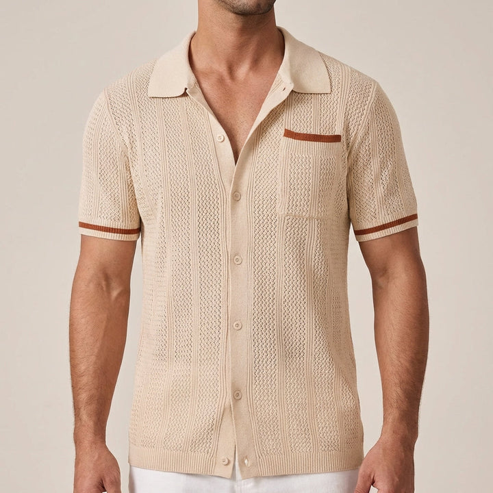 Men's Short-Sleeve Openwork Shirt - Casual Summer Camp Collar Button-Front Shirt with Contrast Tips