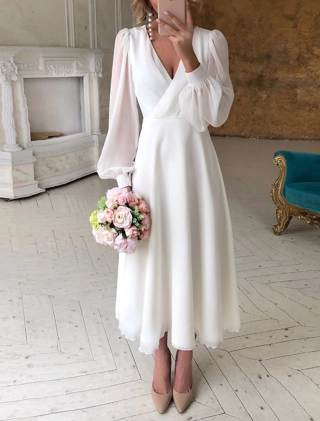 Rosie | Women’s Classic White Midi Wedding Dress with Puff Sleeves