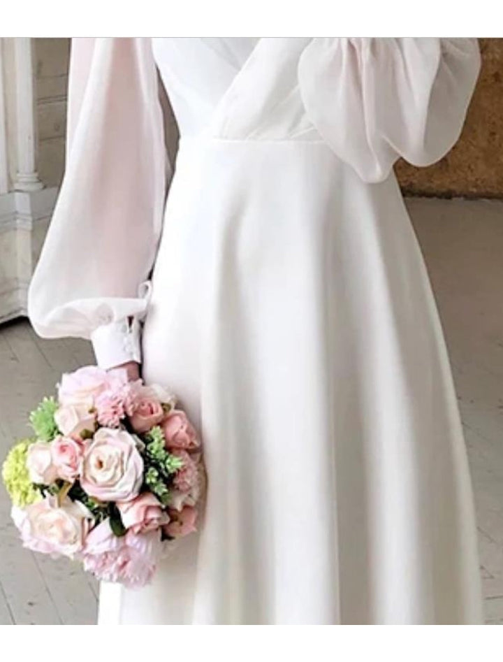 Rosie | Women’s Classic White Midi Wedding Dress with Puff Sleeves