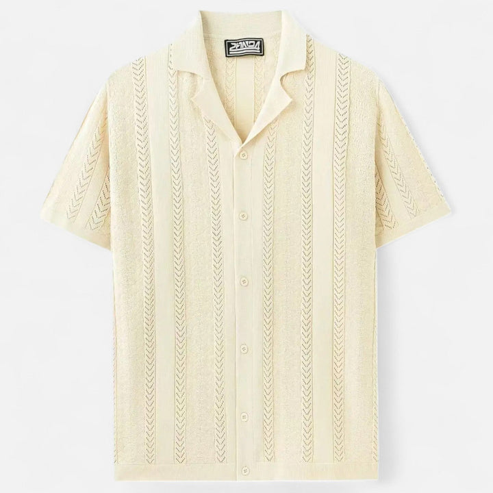 Men's Slim-Fit Knit Cuban Collar Polo - Short Sleeve Chevron Panel Shirt