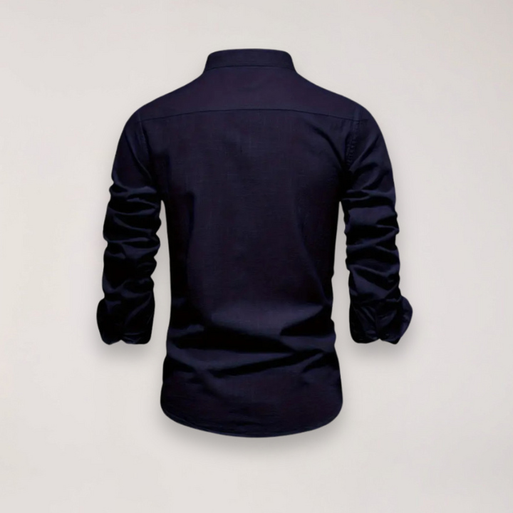 Men’s Long Sleeve Stand Collar Shirt – Embroidered Solid Design for Smart Casual Styling