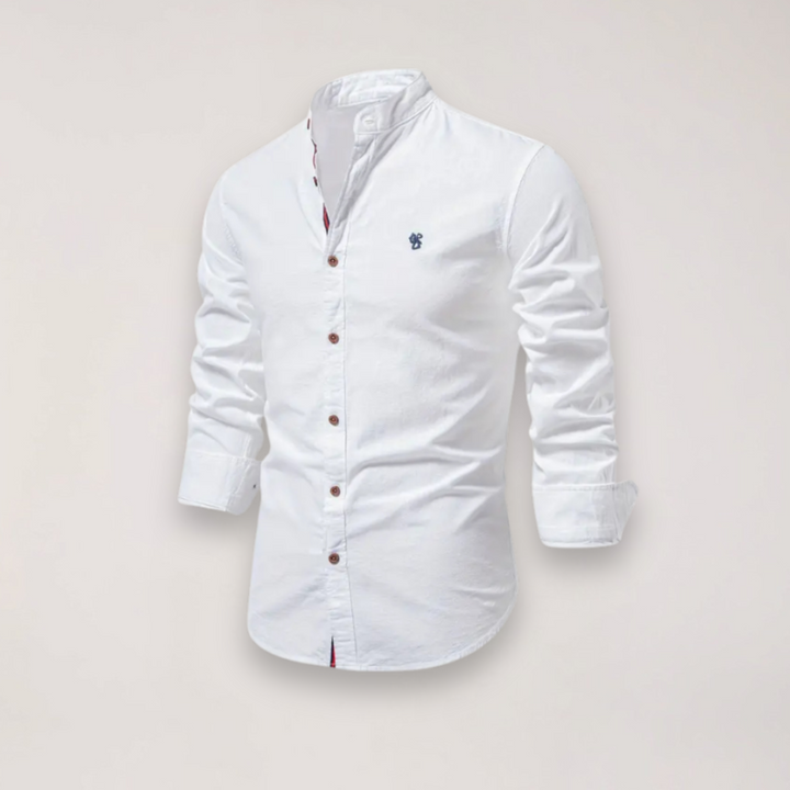 Men’s Long Sleeve Stand Collar Shirt – Embroidered Solid Design for Smart Casual Styling